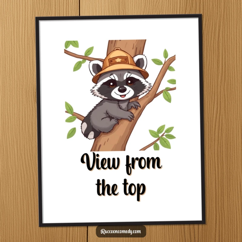 Funny poster art of a smiling raccoon cub wearing an explorer hat, climbing a tree with gusto, depicted in a charming, humorous style.