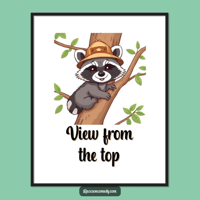 Funny Raccoon Explorer Poster - Adorable Cub Climbing Tree Art Print
