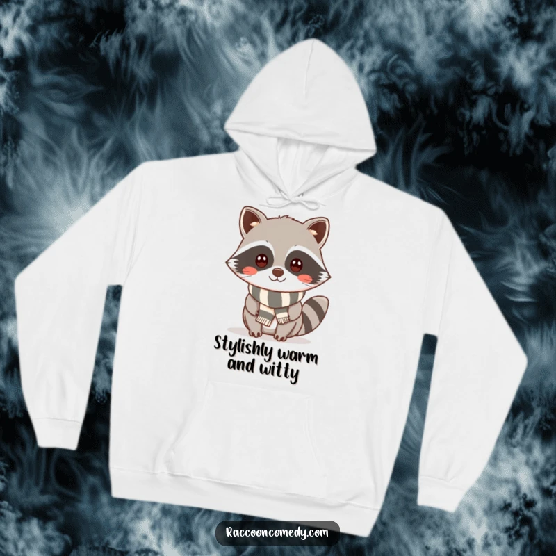 Funny kawaii raccoon with a cheeky smile and a striped scarf, featured on a soft, cozy hoodie for ultimate warmth and style.