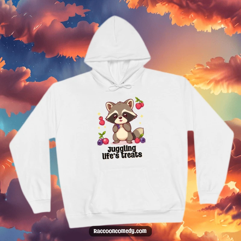 Funny Kawaii Raccoon Hoodie: Cute raccoon juggling glowing berries with dexterous paws.