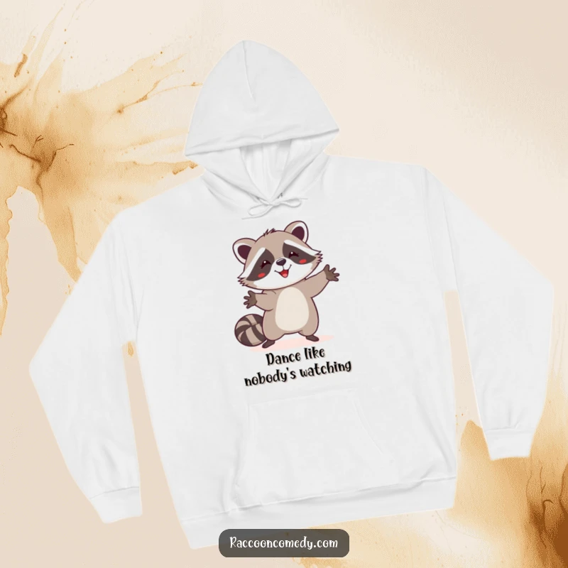 Funny happy raccoon hoodie, silly dance, paws in the air, cozy apparel, perfect funny gift.