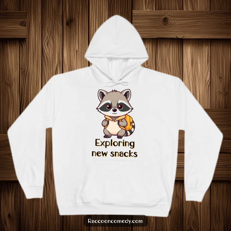 Funny kawaii raccoon hoodie, wearing a small backpack, geared up and excited for a new adventure.