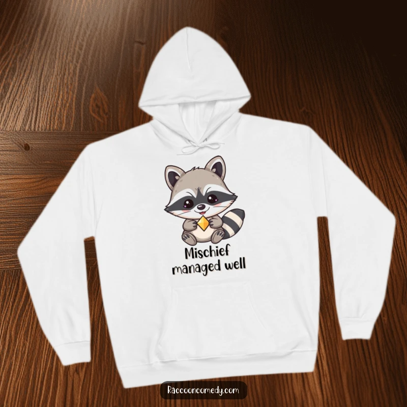 Funny kawaii raccoon hoodie, smirking with delight, proudly displaying a precious shiny trinket.