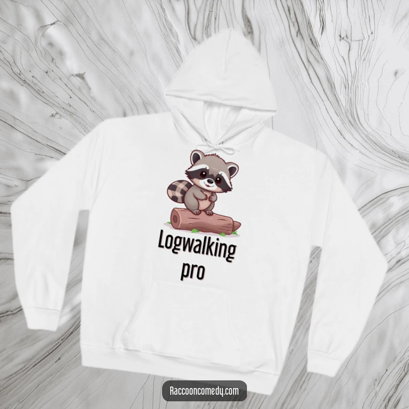 Funny Raccoon Hoodie: A tiny raccoon showcases impressive balance on a log, exuding pure joy.