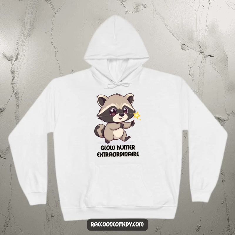 Funny playful raccoon hoodie, wide eyes, chasing sparkling firefly, cozy apparel, perfect funny gift.