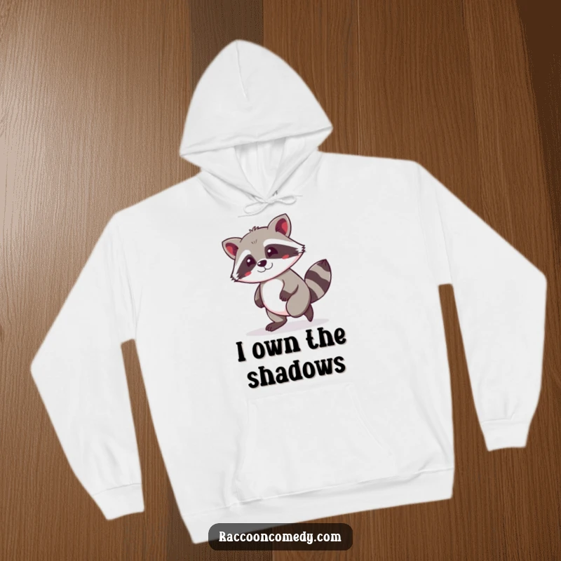 Funny kawaii raccoon tiptoeing with a mischievous grin, captured in a cozy hoodie design for ultimate comfort and laughs.
