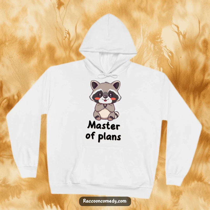 Funny raccoon hoodie with a cute raccoon clutching its paws together, radiating pure delight and heartwarming joy.