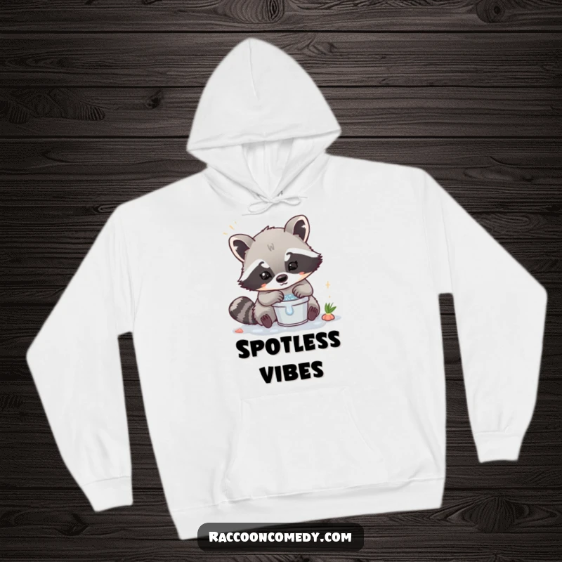 Funny Kawaii Raccoon Hoodie: Cute raccoon washing something in a small bucket, perfect for cozy tidiness.