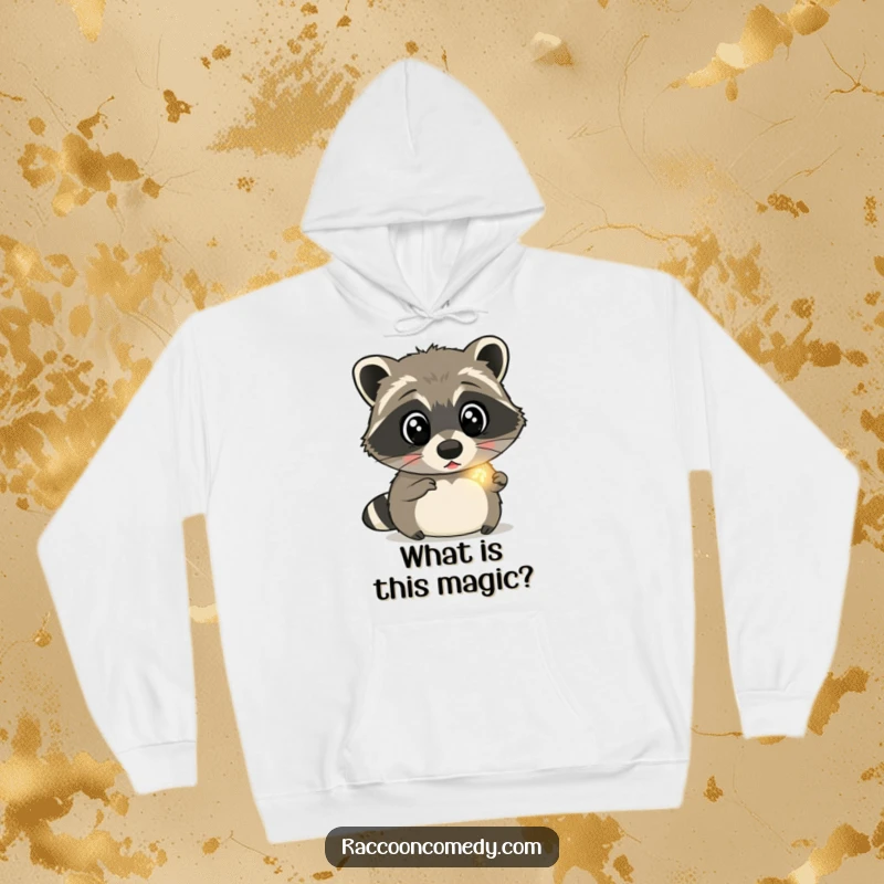 Funny raccoon hoodie showcasing a surprised raccoon with wide eyes, mesmerized by a glowing firefly, perfect for cozy nights and magical moments.