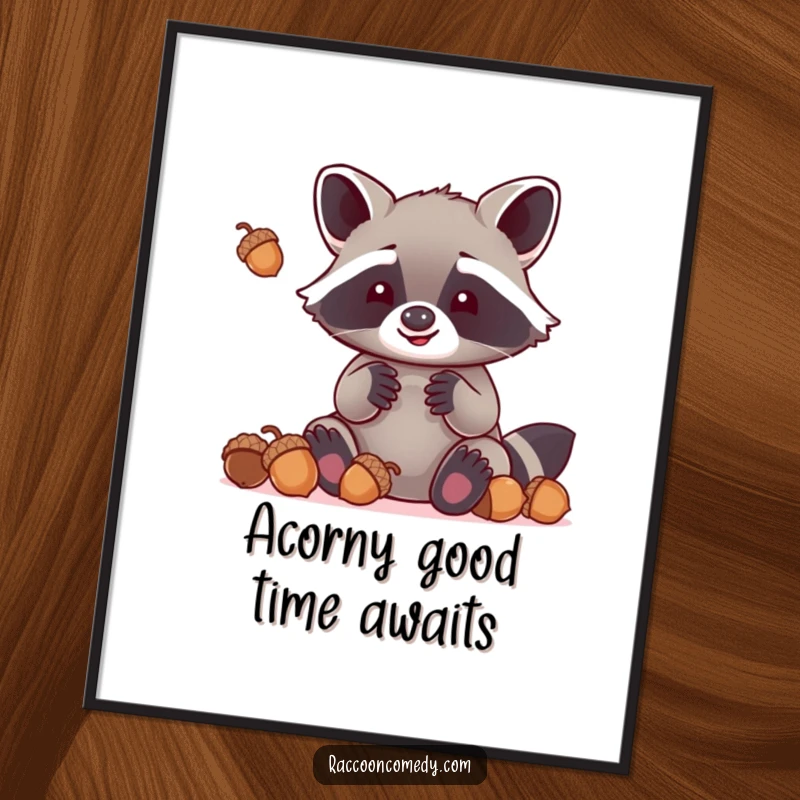 Funny free printable wall art: Kawaii raccoon with comically large paws fumbles juggling multiple acorns, creating a chaotic art piece.