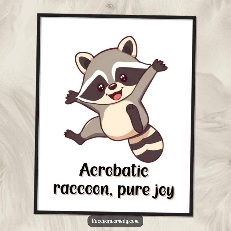 Funny Free Printable Wall Art: A smiling raccoon captured mid-air during a nimble and impressive acrobatic flip.