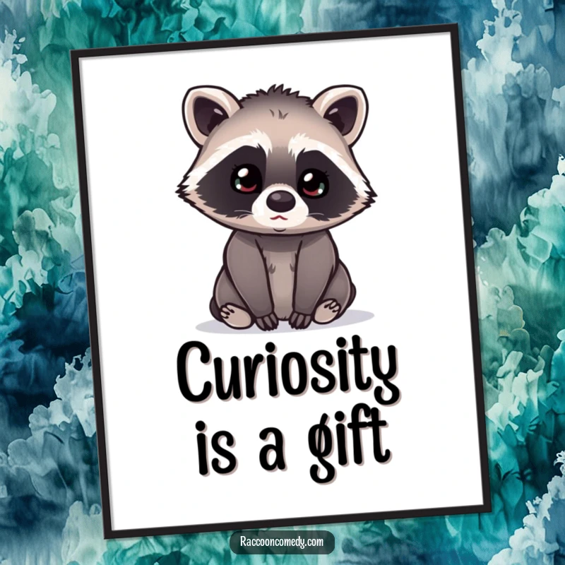 Funny free printable wall art: Kawaii raccoon with a curious head tilt, appearing to eavesdrop intently on a secret conversation.
