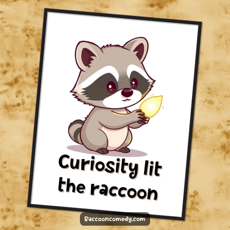 Funny Free Printable Wall Art: A cute raccoon mesmerized by a softly radiating, glowing object, its curiosity piqued by the ethereal light.