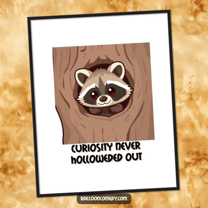 Funny Free Printable Wall Art: A kawaii raccoon with a curious expression peeks out from a tree hollow, inviting wonder.
