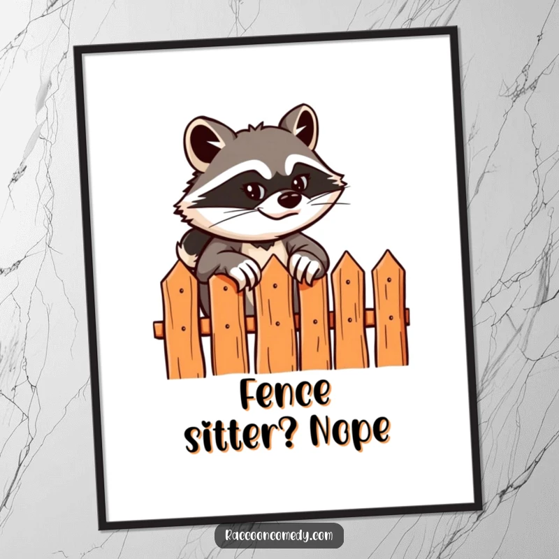 Funny Free Printable Wall Art: Raccoon with a sly grin scaling a stylized fence, urban art style.
