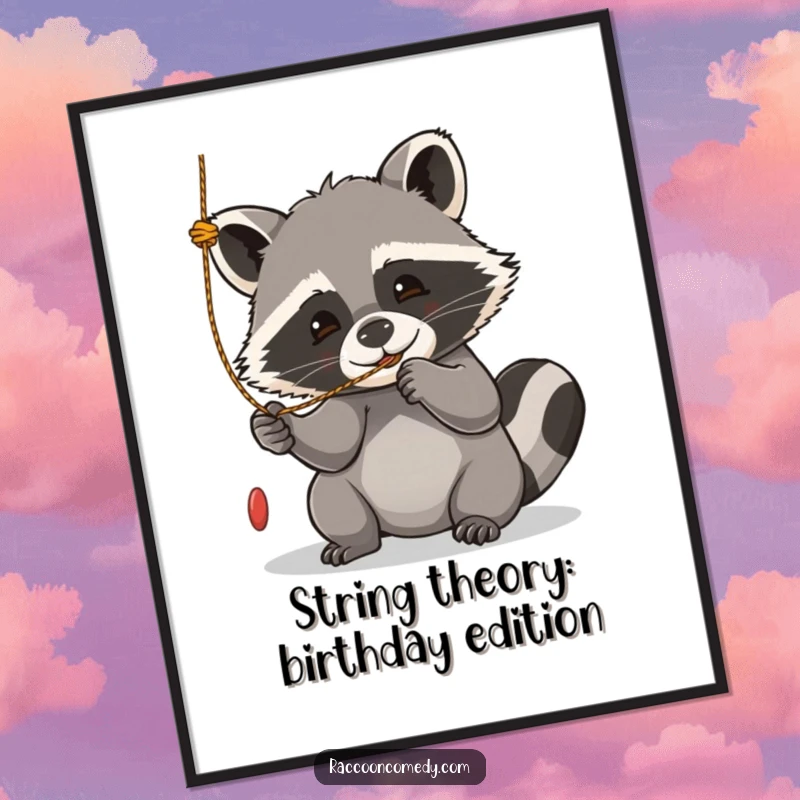 Funny Free Printable Wall Art: Kawaii raccoon with wide eyes, playfully batting at a dangling string with sheer delight.
