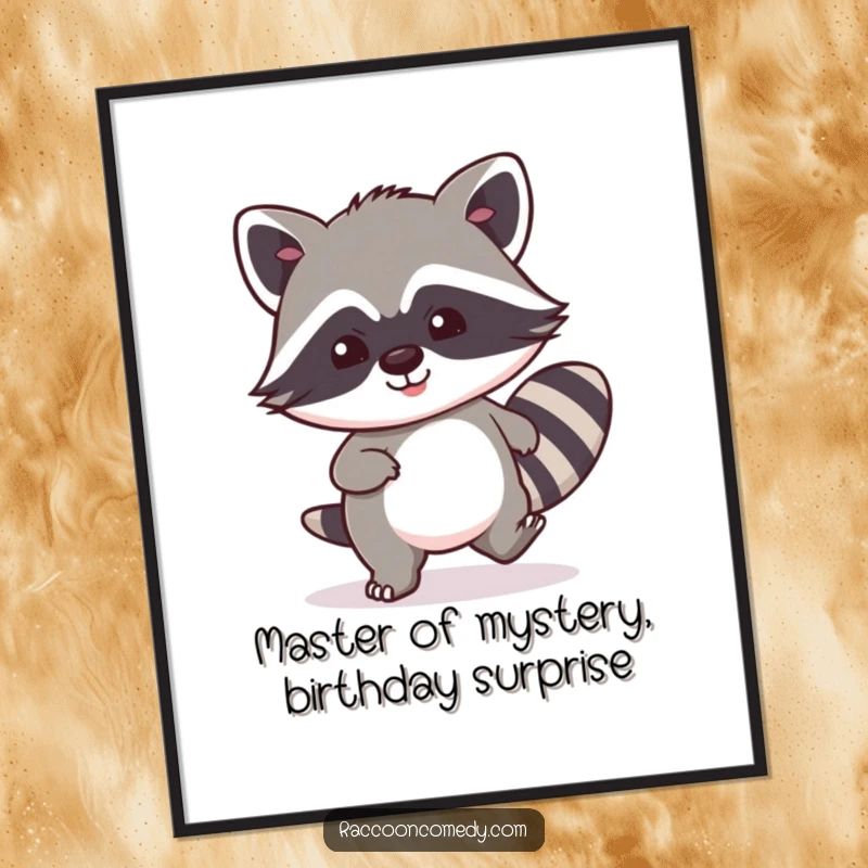 Funny Free Printable Wall Art: Kawaii raccoon tiptoeing with extreme stealth and a wide, mischievous smile, perfect for download.
