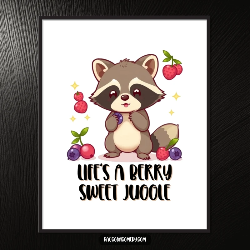 Funny Free Printable Wall Art: A cute kawaii raccoon skillfully juggles glowing berries with its paws, creating magic.