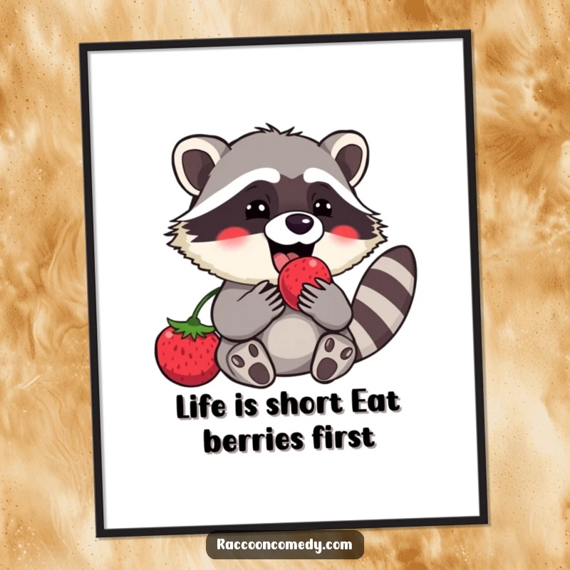 Funny Free Printable Wall Art: Content raccoon happily devours a large, juicy berry with pure bliss.