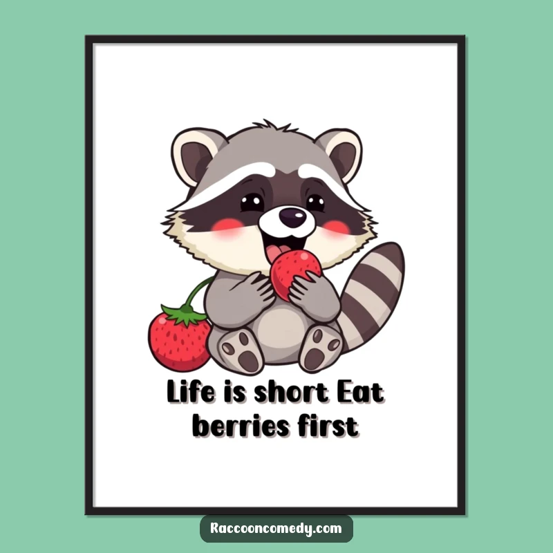 Free Printable Wall Art: Funny Raccoon Berry Munching, Humorous Downloadable Art