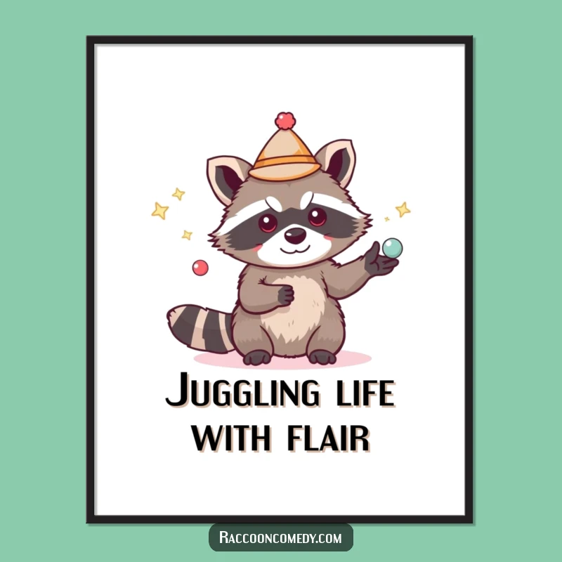 Free Printable Wall Art: Juggling Raccoon Funny Hat Downloadable Decor