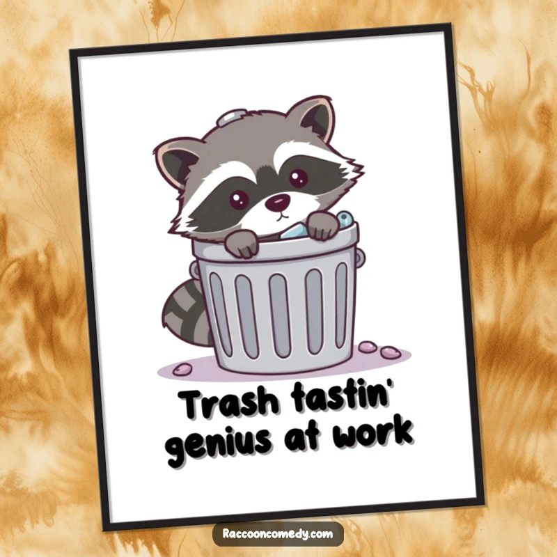 Funny Free Printable Wall Art: A mischievous raccoon peeking slyly from behind a comically overflowing trash can.
