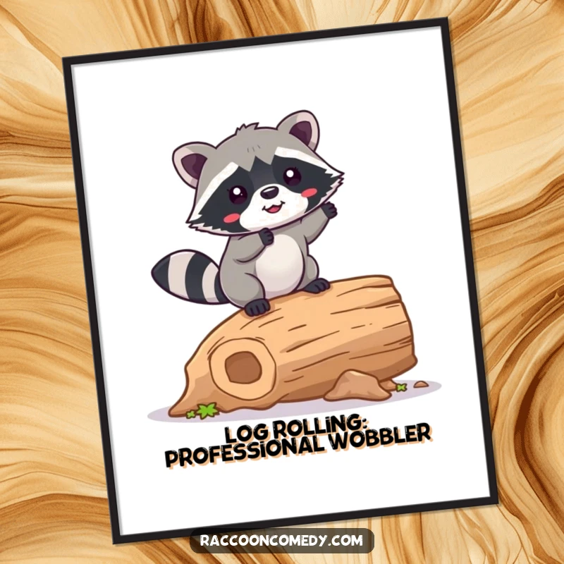 Funny Free Printable Wall Art: Kawaii raccoon happily wobbling while balancing on a hollow log, playful DIY decor.