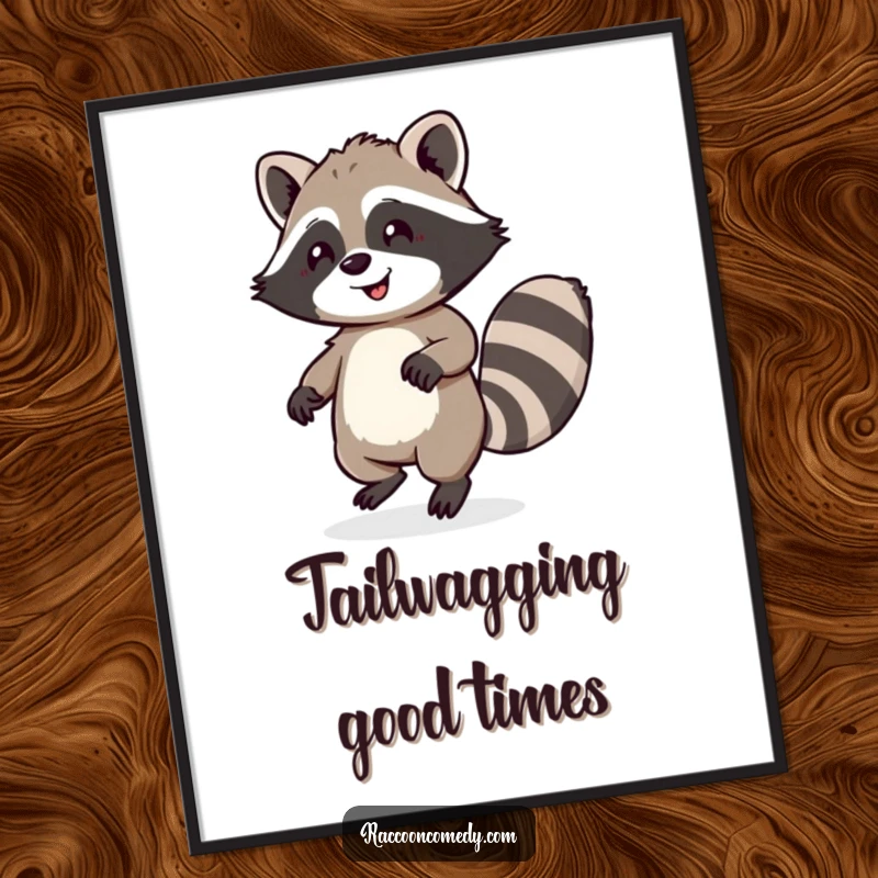 Funny Free Printable Wall Art: Happy raccoon with a fluffy tail doing a little dance, vibrant background.