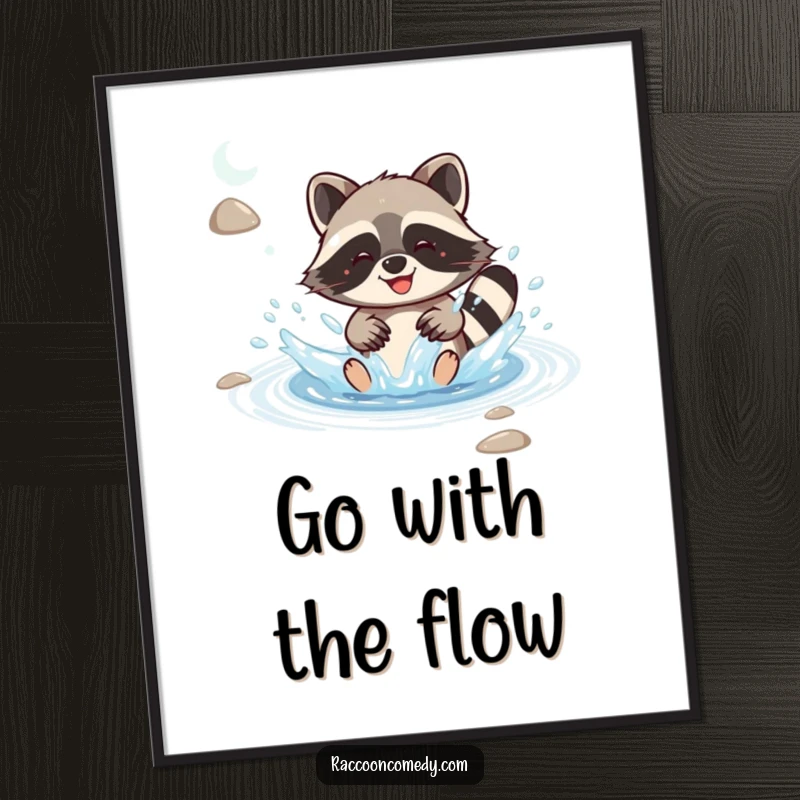 Funny free printable wall art: Kawaii raccoon joyfully splashing in a stream, creating dynamic water ripples and a sense of pure delight.