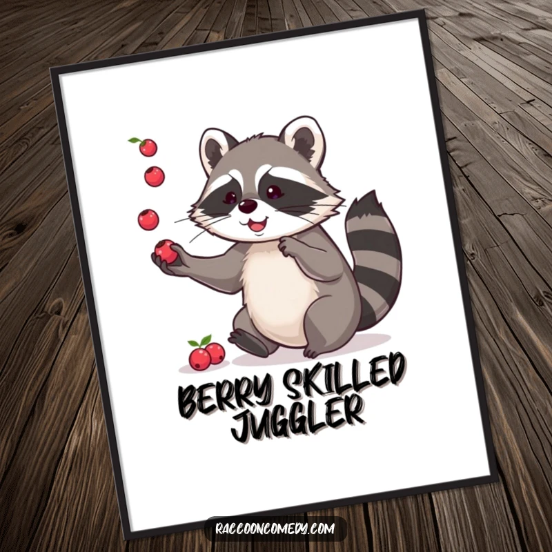 Funny Free Printable Wall Art: Playful raccoon juggling tiny red berries with nimble paws, abstract background.