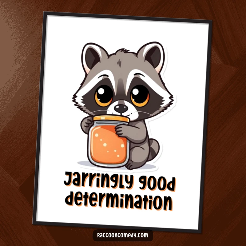 Funny free printable wall art of a raccoon with large, round eyes intensely focused on the difficult task of opening a jar.