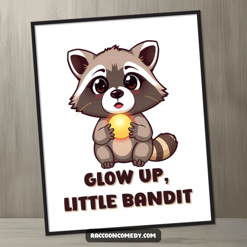Funny free printable wall art depicting a raccoon with a look of surprised awe, holding a tiny, softly glowing mystical orb.