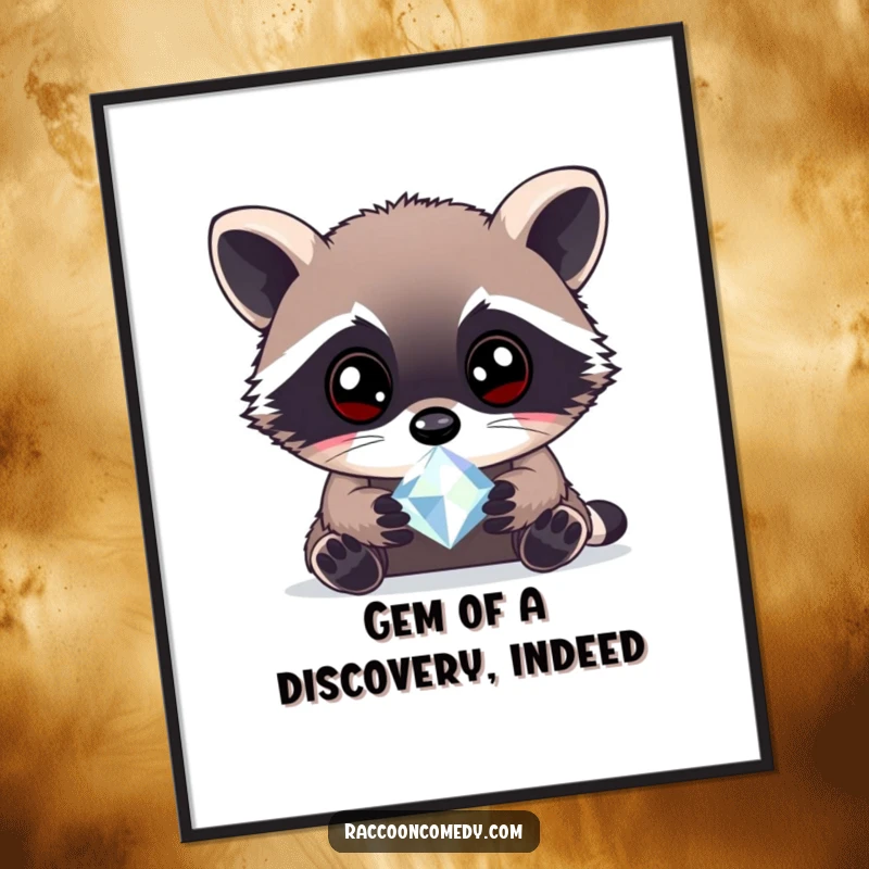 Funny Free Printable Wall Art: A curious raccoon with wide, bright eyes intently examining a large, sparkling, multifaceted gem.