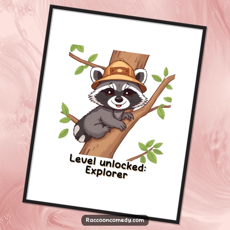 Funny Free Printable Wall Art: Raccoon cub explorer in hat climbs a detailed tree, cute downloadable art for any room.