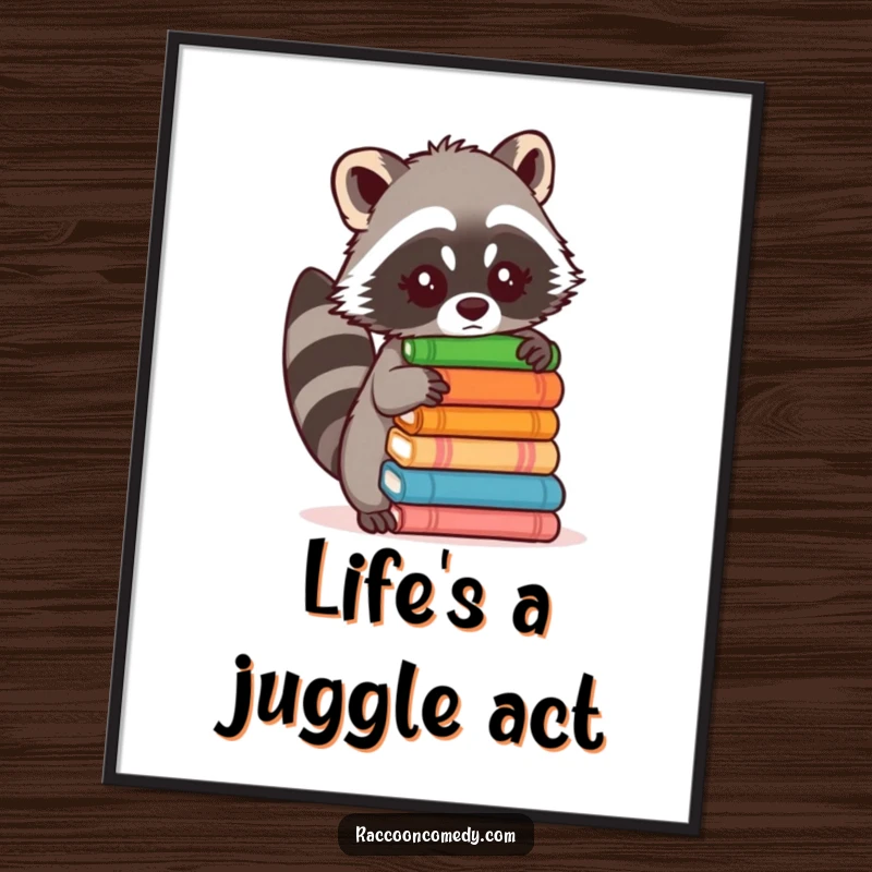 Funny Free Printable Wall Art: Raccoon hilariously loses grip on stacked items, showing a comical struggle, downloadable.