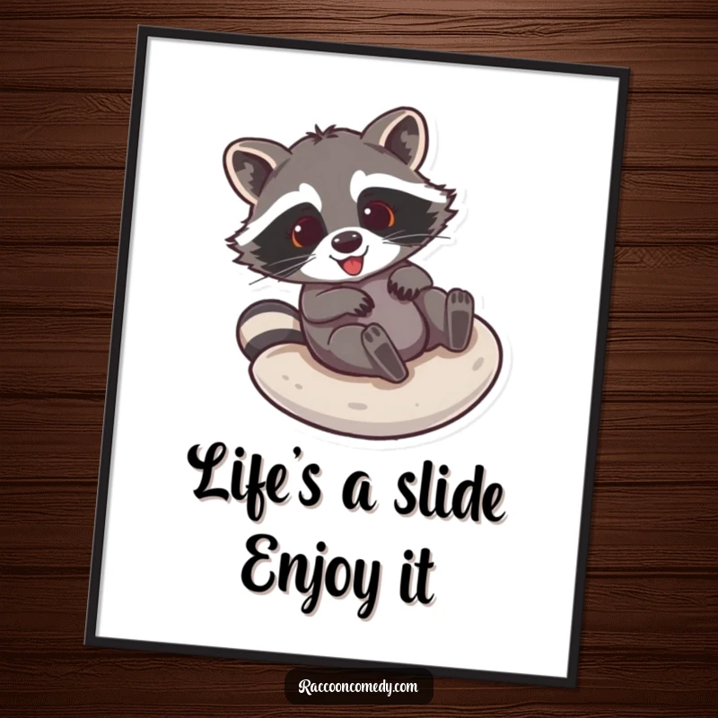 Funny Free Printable Wall Art: Raccoon joyfully sliding down a smooth surface, bringing laughter to your decor.