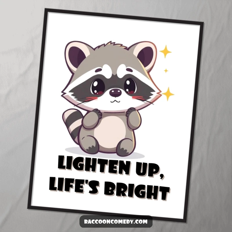 Funny Free Printable Wall Art: Kawaii raccoon looking surprised by a shimmering light, evoking wonder.