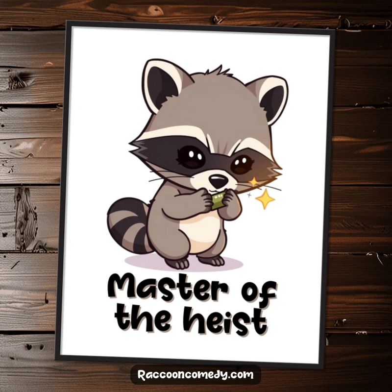 Funny Free Printable Wall Art: Mischievous raccoon with masked face stealing a shiny object, perfect for quirky decor.