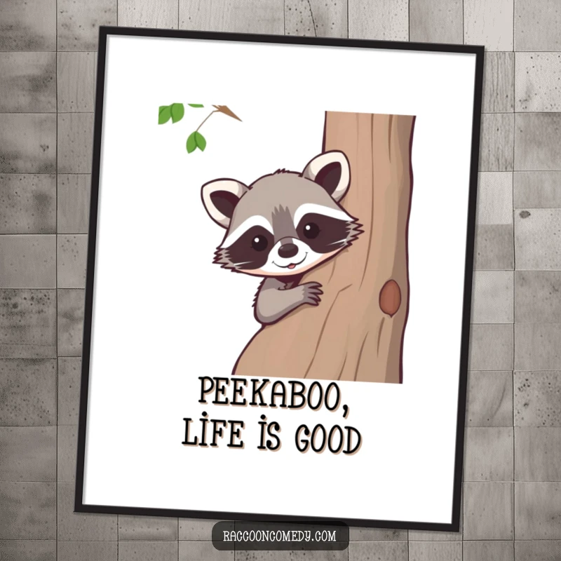 Funny Free Printable Wall Art: A curious raccoon peeks from behind a tree, adding playful decor to your wall.