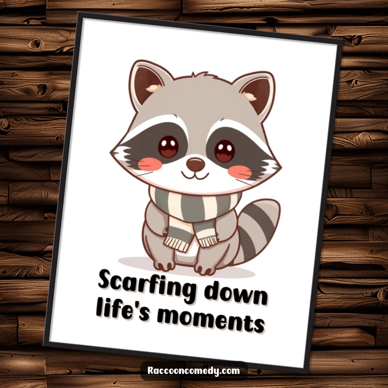 Funny Free Printable Wall Art: Kawaii raccoon with a cheeky smile, wearing a small, striped scarf, looking stylish.