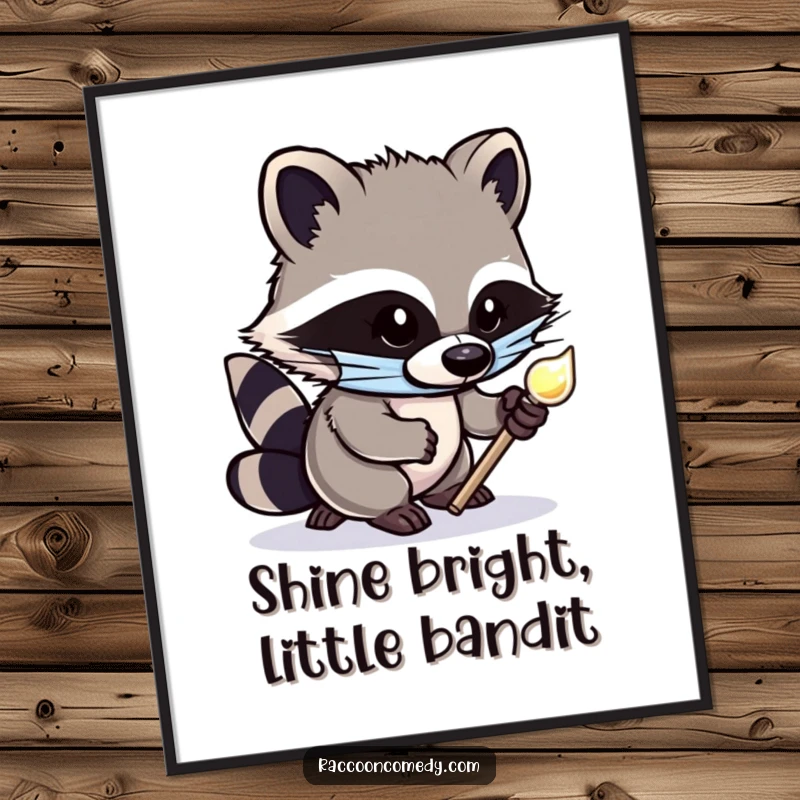 Funny free printable wall art: A cute masked raccoon tiptoes stealthily holding a shiny object.