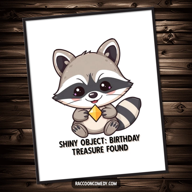 Funny Free Printable Wall Art: Kawaii raccoon with a mischievous grin, clutching a sparkling shiny trinket, ready for display.