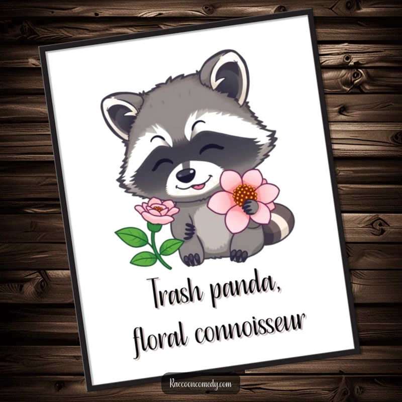 Funny free printable wall art of a raccoon with its nose twitching, deeply inhaling the scent of a beautiful flower.