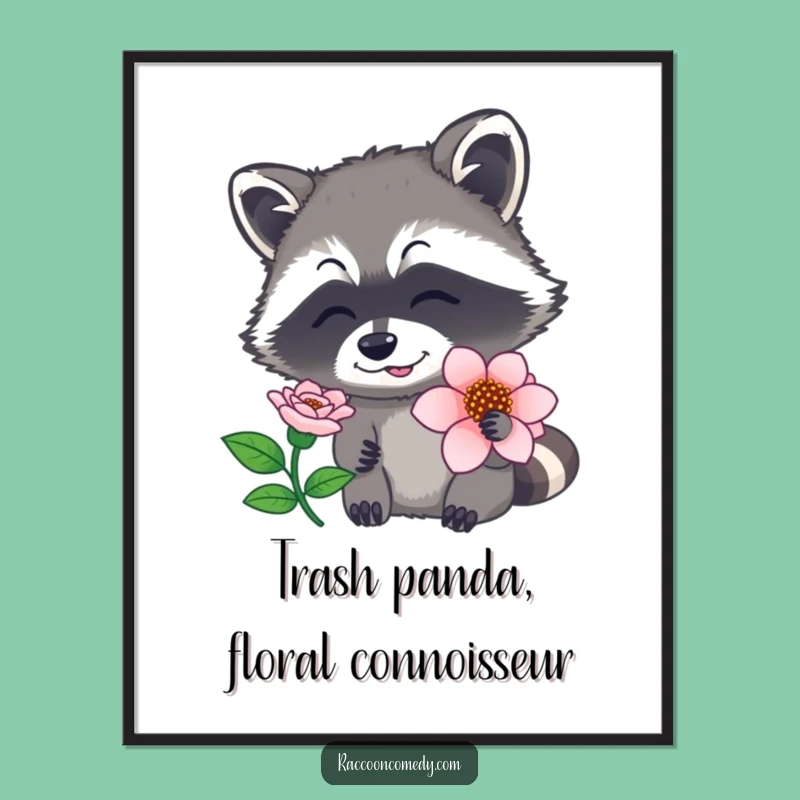 Funny Free Printable Wall Art: Raccoon Sniffing Flower - Whimsical Downloadable Decor
