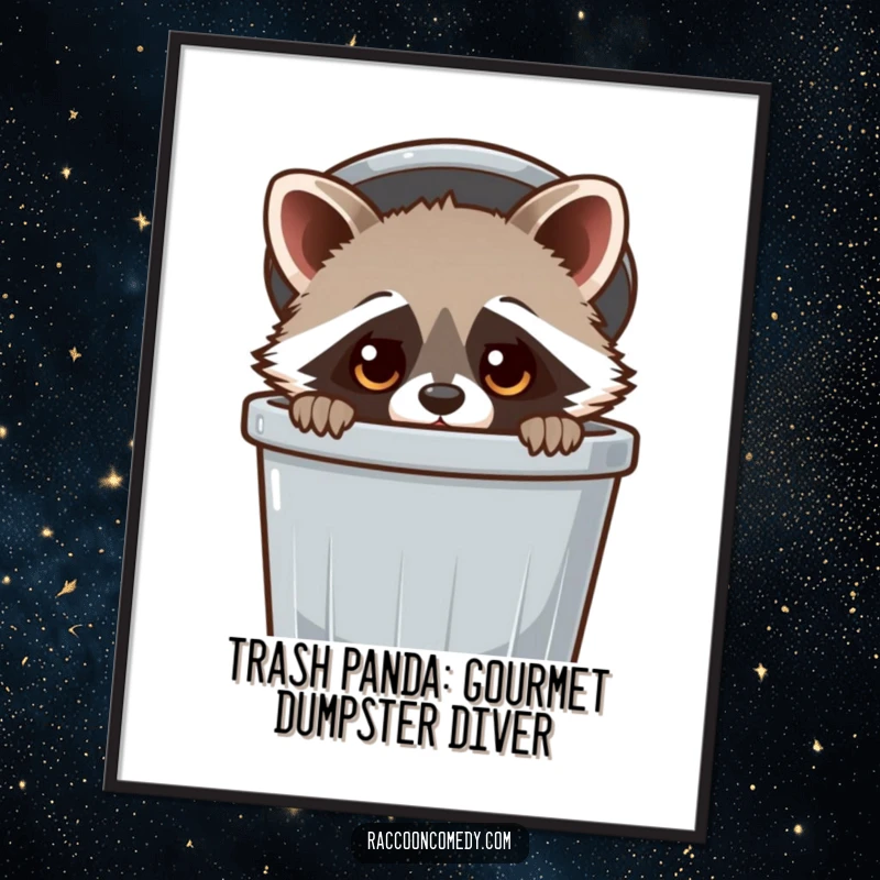 Funny Free Printable Wall Art: Kawaii raccoon with wide, curious eyes peeking out from a trash can, quirky DIY decor.