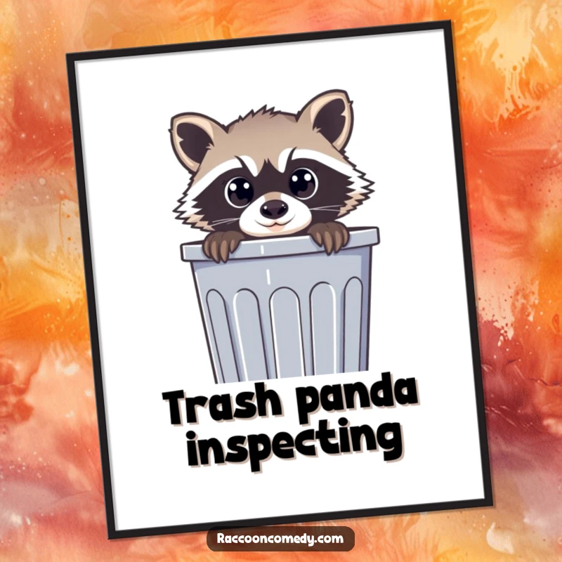 Funny Free Printable Wall Art: Curious raccoon with wide eyes peeking out from a trash can.