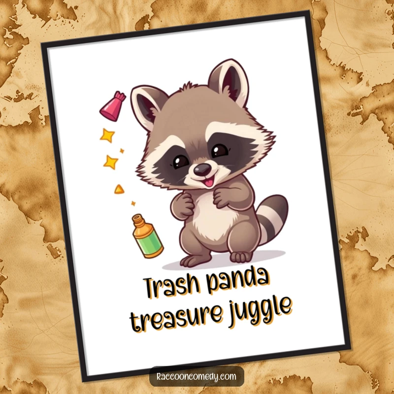 Funny Free Printable Wall Art: A mischievous raccoon gleefully juggling an assortment of shiny, sparkling objects.