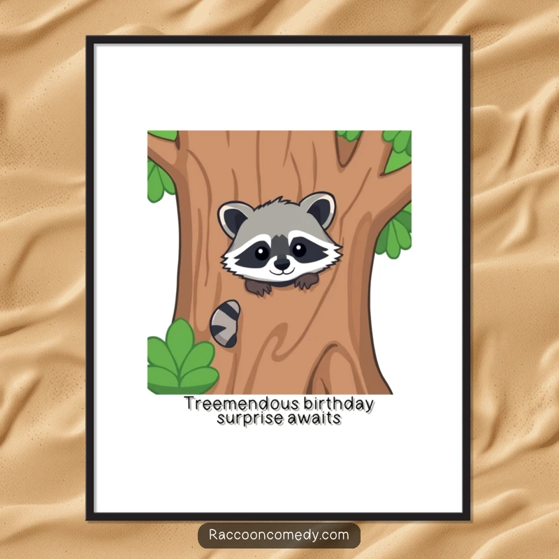 Funny Free Printable Wall Art: Kawaii raccoon peeking from behind a large, stylized tree, bringing a touch of playful mystery.