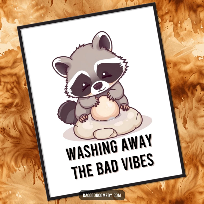 Adorable free printable wall art: A kawaii raccoon playfully washing a small, perfectly round stone.