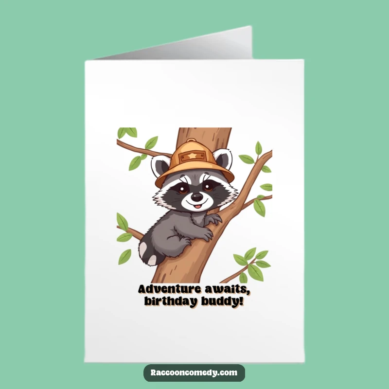 Free Printable Birthday Card: Funny Raccoon Explorer Cub Climbing Tree - Downloadable Gift